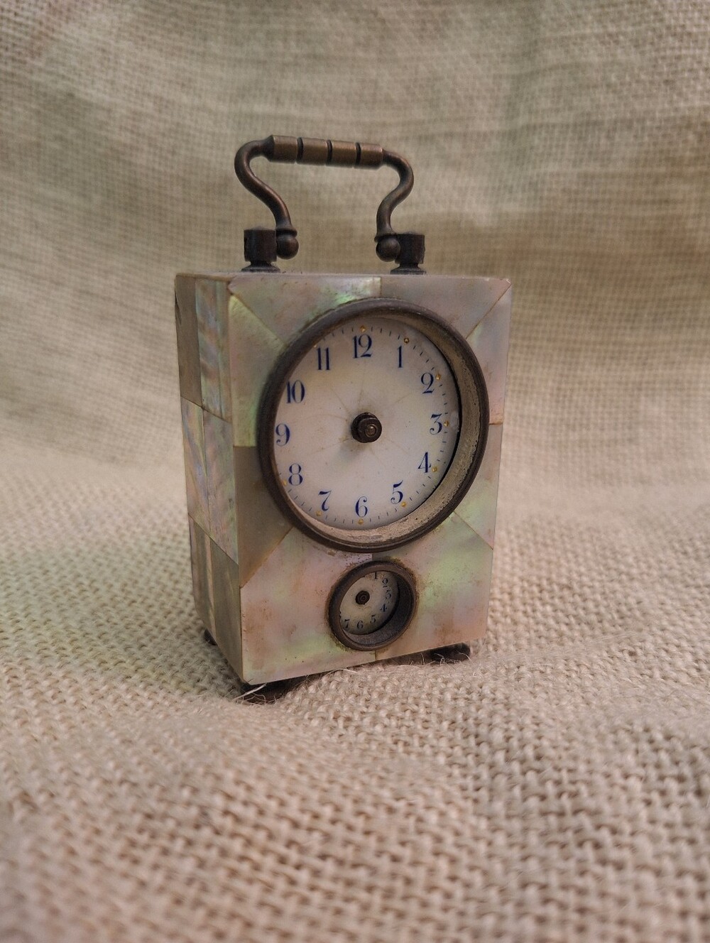 Vintage Mother Of Pearl, Brass, Miniature Carriage Clock, Germany
